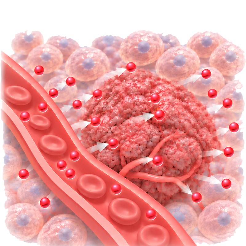 Conventional chemotherapy distributing drug throughout tumour and healthy tissues